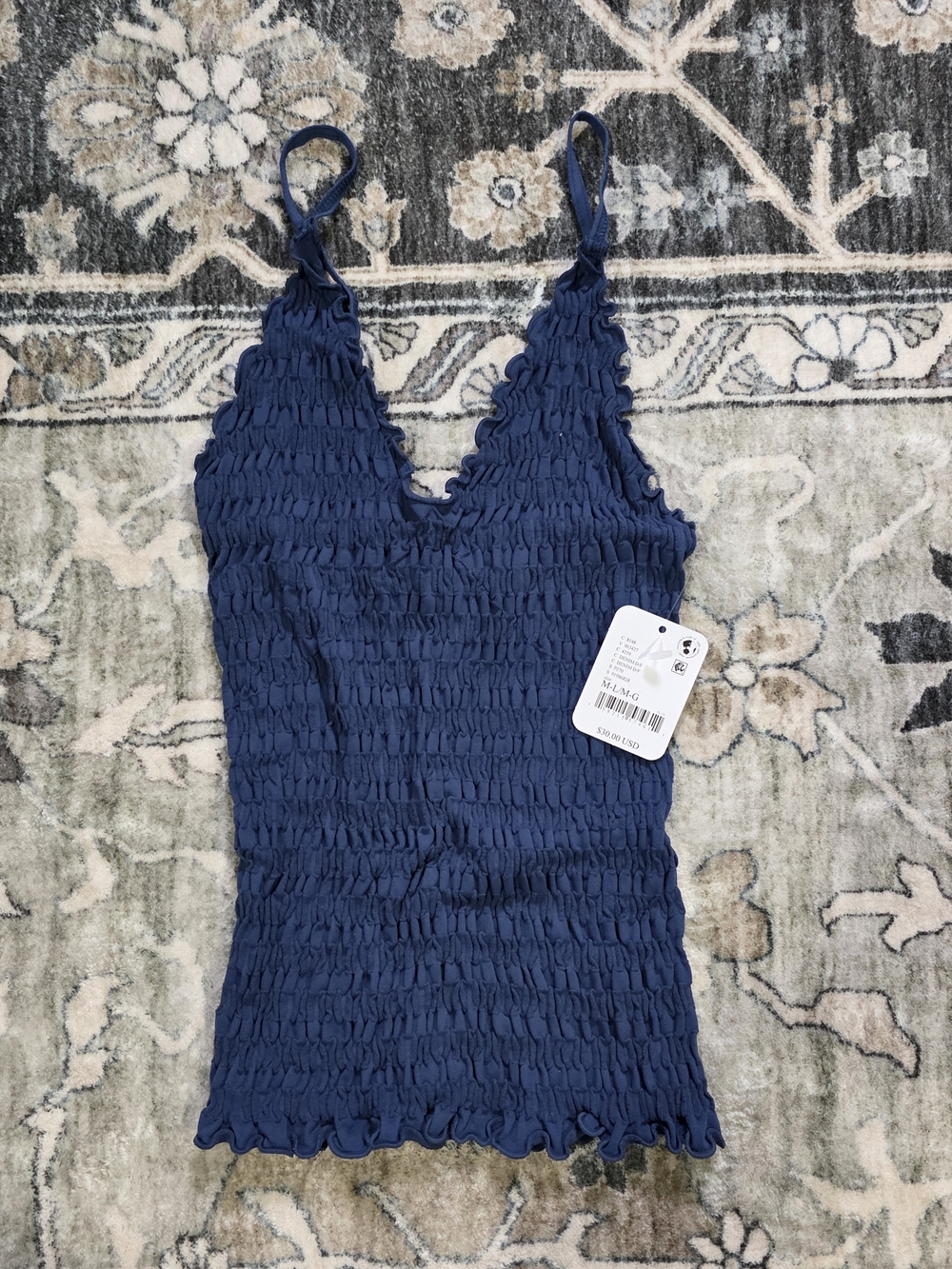Free People Navy Blue Smocked V-Neck Cami